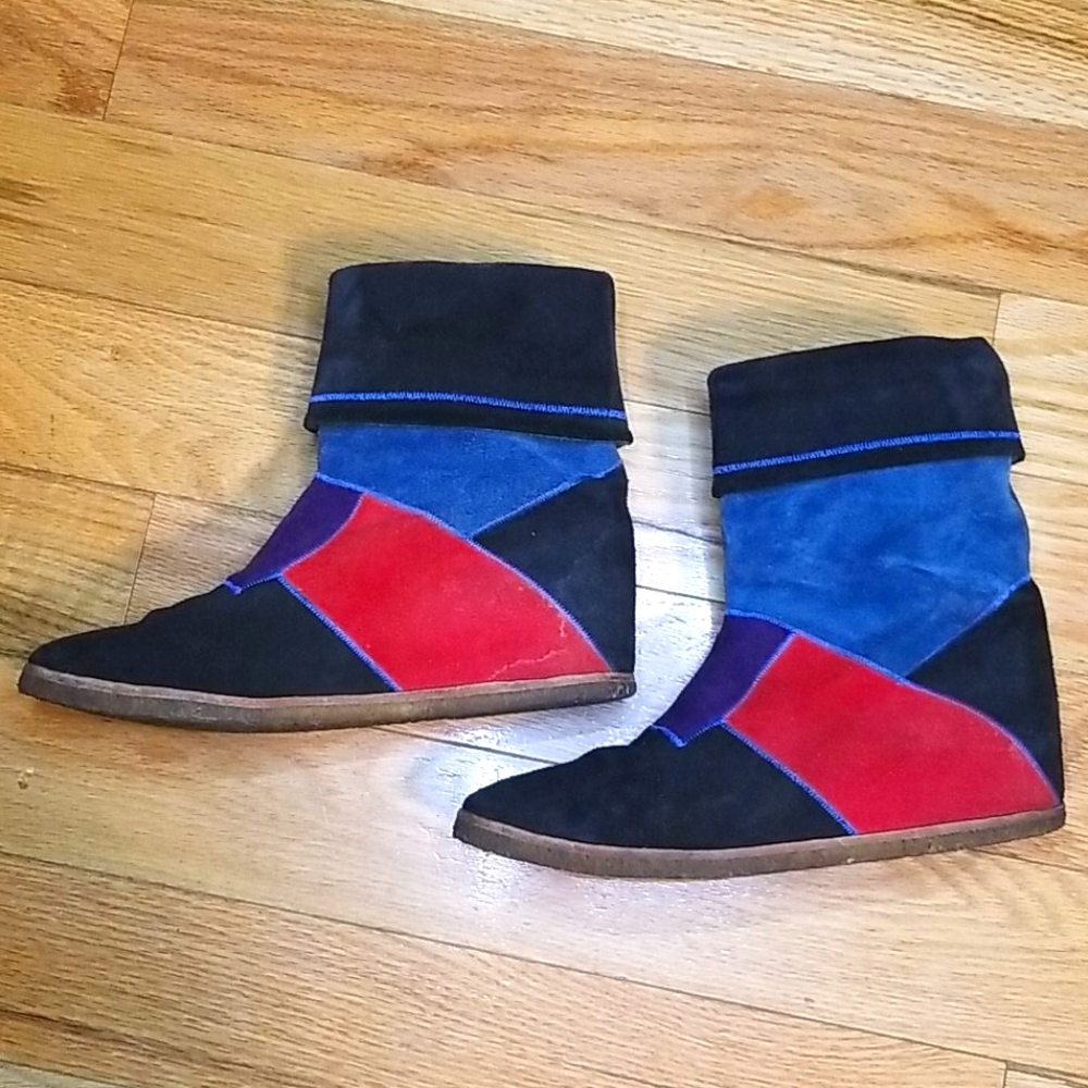 Vintage Patchwork Leather Wedge Boots